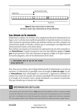 Figura 2. Aquí vemos cómo un mismo byte
del stream puede estar referenciado de formas diferentes.
Los stream en la memoria
Empecemos a trabajar con el stream. Éste simplemente llevará la información de un
lugar a otro. La forma más sencilla de aprenderlo es haciendo streams en memoria.
Aquí veremos las operaciones básicas que podemos realizar con ellos y después este
conocimiento puede ser llevado a streams que se comuniquen con dispositivos de
almacenamiento masivo como discos duros.
Para trabajar con streams en la memoria nos apoyaremos de una clase conocida co-
mo MemoryStream. Cuando necesitemos usar esta clase debemos agregar el names-
pace al que pertenece. Para esto colocamos el siguiente código en la parte superior
de nuestro programa, antes de las declaraciones de las clases.
// Adicionamos para el uso de los stream
using System.IO;
Esta clase crea un stream, pero el lugar donde guarda la información es un sitio en
memoria. La información es guardada como un arreglo de bytes sin signo. La cla-
se MemoryStream tiene sobrecargado su constructor y seguramente podemos en-
contrar una versión de acuerdo con nuestras necesidades.El constructor puede cre-
ar el arreglo en la memoria vacío o puede inicializarlo a un tamaño en particular.
Hay que recordar que el tamaño está en bytes.
Desde inicio
Desde final
Desde posición actual
Los flujos
351www.redusers.com
Como hemos visto, para seleccionar un byte dentro del flujo debemos indicar su distancia desde
el punto de referencia. Si es el mismo punto de referencia el que deseamos enviar, la distancia
será cero. Las distancias se miden de izquierda a derecha, y negativas de derecha a izquierda.
Por ello cuando usamos como referencia el final del flujo las distancias llevan el signo menos.
DISTANCIAS EN LOS FLUJOS
11_C#2010.qxd 8/6/10 8:39 PM Page 351
www.FreeLibros.me
 