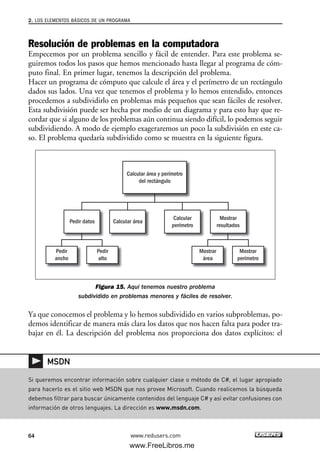 Resolución de problemas en la computadora
Empecemos por un problema sencillo y fácil de entender. Para este problema se-
guiremos todos los pasos que hemos mencionado hasta llegar al programa de cóm-
puto final. En primer lugar, tenemos la descripción del problema.
Hacer un programa de cómputo que calcule el área y el perímetro de un rectángulo
dados sus lados. Una vez que tenemos el problema y lo hemos entendido, entonces
procedemos a subdividirlo en problemas más pequeños que sean fáciles de resolver.
Esta subdivisión puede ser hecha por medio de un diagrama y para esto hay que re-
cordar que si alguno de los problemas aún continua siendo difícil, lo podemos seguir
subdividiendo. A modo de ejemplo exageraremos un poco la subdivisión en este ca-
so. El problema quedaría subdividido como se muestra en la siguiente figura.
Figura 15. Aquí tenemos nuestro problema
subdividido en problemas menores y fáciles de resolver.
Ya que conocemos el problema y lo hemos subdividido en varios subproblemas, po-
demos identificar de manera más clara los datos que nos hacen falta para poder tra-
bajar en él. La descripción del problema nos proporciona dos datos explícitos: el
Calcular área y perímetro
del rectángulo
Calcular áreaPedir datos
Pedir
ancho
Pedir
alto
Mostrar
área
Mostrar
perímetro
Mostrar
resultados
Calcular
perímetro
2. LOS ELEMENTOS BÁSICOS DE UN PROGRAMA
64 www.redusers.com
Si queremos encontrar información sobre cualquier clase o método de C#, el lugar apropiado
para hacerlo es el sitio web MSDN que nos provee Microsoft. Cuando realicemos la búsqueda
debemos filtrar para buscar únicamente contenidos del lenguaje C# y así evitar confusiones con
información de otros lenguajes. La dirección es www.msdn.com.
MSDN
02_C#2010.qxd 8/6/10 8:16 PM Page 64
www.FreeLibros.me
 