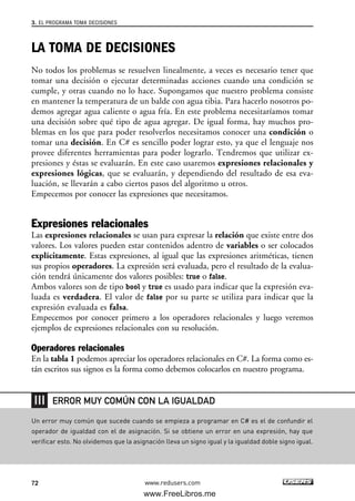 LA TOMA DE DECISIONES
No todos los problemas se resuelven linealmente, a veces es necesario tener que
tomar una decisión o ejecutar determinadas acciones cuando una condición se
cumple, y otras cuando no lo hace. Supongamos que nuestro problema consiste
en mantener la temperatura de un balde con agua tibia. Para hacerlo nosotros po-
demos agregar agua caliente o agua fría. En este problema necesitaríamos tomar
una decisión sobre qué tipo de agua agregar. De igual forma, hay muchos pro-
blemas en los que para poder resolverlos necesitamos conocer una condición o
tomar una decisión. En C# es sencillo poder lograr esto, ya que el lenguaje nos
provee diferentes herramientas para poder lograrlo. Tendremos que utilizar ex-
presiones y éstas se evaluarán. En este caso usaremos expresiones relacionales y
expresiones lógicas, que se evaluarán, y dependiendo del resultado de esa eva-
luación, se llevarán a cabo ciertos pasos del algoritmo u otros.
Empecemos por conocer las expresiones que necesitamos.
Expresiones relacionales
Las expresiones relacionales se usan para expresar la relación que existe entre dos
valores. Los valores pueden estar contenidos adentro de variables o ser colocados
explícitamente. Estas expresiones, al igual que las expresiones aritméticas, tienen
sus propios operadores. La expresión será evaluada, pero el resultado de la evalua-
ción tendrá únicamente dos valores posibles: true o false.
Ambos valores son de tipo bool y true es usado para indicar que la expresión eva-
luada es verdadera. El valor de false por su parte se utiliza para indicar que la
expresión evaluada es falsa.
Empecemos por conocer primero a los operadores relacionales y luego veremos
ejemplos de expresiones relacionales con su resolución.
Operadores relacionales
En la tabla 1 podemos apreciar los operadores relacionales en C#. La forma como es-
tán escritos sus signos es la forma como debemos colocarlos en nuestro programa.
3. EL PROGRAMA TOMA DECISIONES
72 www.redusers.com
Un error muy común que sucede cuando se empieza a programar en C# es el de confundir el
operador de igualdad con el de asignación. Si se obtiene un error en una expresión, hay que
verificar esto. No olvidemos que la asignación lleva un signo igual y la igualdad doble signo igual.
ERROR MUY COMÚN CON LA IGUALDAD
03_C#2010_AJUSTADO.qxd 8/6/10 8:31 PM Page 72
www.FreeLibros.me
 