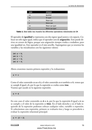 SIGNO OPERADOR
== Igualdad
!= No igual
> Mayor que
< Menor que
>= Mayor que igual
<= Menor que igual
Tabla 1. Esta tabla nos muestra los diferentes operadores relacionales de C#.
El operador de igualdad se representa con dos signos igual juntos y sin espacio. Co-
locar un solo signo igual, indica que el operador será de asignación. Esto puede de-
rivar en errores de lógica, porque una asignación siempre evalúa a verdadero, pero
una igualdad no. Este operador es el más sencillo. Supongamos que ya tenemos las
variables y las inicializamos con los siguientes valores:
int a = 5;
int b = 7;
int c = 5;
int d = 4;
Ahora crearemos nuestra primera expresión y la evaluaremos:
a == c
Como el valor contenido en a es 5 y el valor contenido en c también es 5, vemos que
se cumple 5 igual a 5, por lo que la expresión se evalúa como true.
Veamos qué sucede en la siguiente expresión:
a == d
En este caso el valor contenido en d es 4, por lo que la expresión 5 igual a 4 no
se cumple y el valor de la expresión es false. En el lado derecho y en el lado iz-
quierdo de la expresión podemos colocar cualquier valor, variable o expresión.
Si colocásemos una expresión, primero se evaluaría ésta y luego se procedería a
evaluar la expresión relacional principal.
a == (3 + 2)
La toma de decisiones
73www.redusers.com
03_C#2010_AJUSTADO.qxd 8/6/10 8:31 PM Page 73
www.FreeLibros.me
 