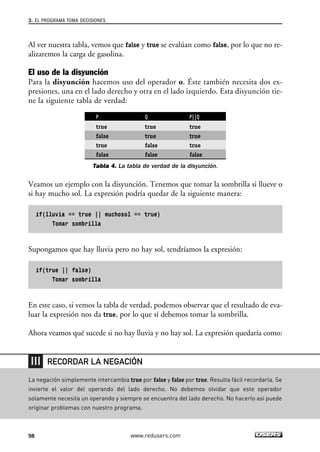 3. EL PROGRAMA TOMA DECISIONES 
Al ver nuestra tabla, vemos que false y true se evalúan como false, por lo que no re-alizaremos 
la carga de gasolina. 
El uso de la disyunción 
Para la disyunción hacemos uso del operador o. Éste también necesita dos ex-presiones, 
una en el lado derecho y otra en el lado izquierdo. Esta disyunción tie-ne 
la siguiente tabla de verdad: 
P Q P||Q 
true true true 
false true true 
true false true 
false false false 
Tabla 4. La tabla de verdad de la disyunción. 
Veamos un ejemplo con la disyunción. Tenemos que tomar la sombrilla si llueve o 
si hay mucho sol. La expresión podría quedar de la siguiente manera: 
if(lluvia == true || muchosol == true) 
Tomar sombrilla 
Supongamos que hay lluvia pero no hay sol, tendríamos la expresión: 
if(true || false) 
Tomar sombrilla 
En este caso, si vemos la tabla de verdad, podemos observar que el resultado de eva-luar 
la expresión nos da true, por lo que sí debemos tomar la sombrilla. 
Ahora veamos qué sucede si no hay lluvia y no hay sol. La expresión quedaría como: 
RECORDAR LA NEGACIÓN 
La negación simplemente intercambia true por false y false por true. Resulta fácil recordarla. Se 
invierte el valor del operando del lado derecho. No debemos olvidar que este operador 
solamente necesita un operando y siempre se encuentra del lado derecho. No hacerlo así puede 
originar problemas con nuestro programa. 
98 www.redusers.com 
 