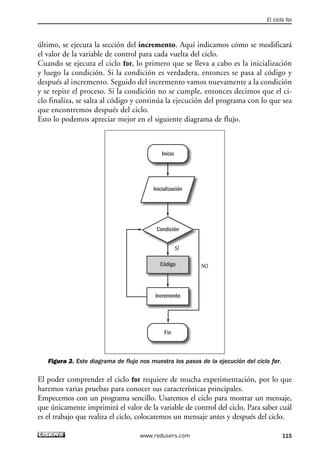 El ciclo for 
último, se ejecuta la sección del incremento. Aquí indicamos cómo se modificará 
el valor de la variable de control para cada vuelta del ciclo. 
Cuando se ejecuta el ciclo for, lo primero que se lleva a cabo es la inicialización 
y luego la condición. Si la condición es verdadera, entonces se pasa al código y 
después al incremento. Seguido del incremento vamos nuevamente a la condición 
y se repite el proceso. Si la condición no se cumple, entonces decimos que el ci-clo 
finaliza, se salta al código y continúa la ejecución del programa con lo que sea 
que encontremos después del ciclo. 
Esto lo podemos apreciar mejor en el siguiente diagrama de flujo. 
Inicio 
Inicialización 
Condición 
Código NO 
Incremento 
Fin 
SÍ 
Figura 2. Este diagrama de flujo nos muestra los pasos de la ejecución del ciclo for. 
El poder comprender el ciclo for requiere de mucha experimentación, por lo que 
haremos varias pruebas para conocer sus características principales. 
Empecemos con un programa sencillo. Usaremos el ciclo para mostrar un mensaje, 
que únicamente imprimirá el valor de la variable de control del ciclo. Para saber cuál 
es el trabajo que realiza el ciclo, colocaremos un mensaje antes y después del ciclo. 
www.redusers.com 115 
 