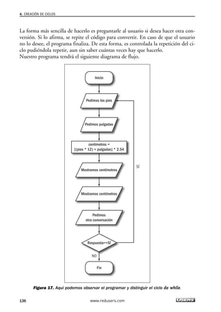 4. CREACIÓN DE CICLOS 
La forma más sencilla de hacerlo es preguntarle al usuario si desea hacer otra con-versión. 
Si lo afirma, se repite el código para convertir. En caso de que el usuario 
no lo desee, el programa finaliza. De esta forma, es controlada la repetición del ci-clo 
pudiéndola repetir, aun sin saber cuántas veces hay que hacerlo. 
Nuestro programa tendrá el siguiente diagrama de flujo. 
Inicio 
Pedimos los pies 
Pedimos pulgadas 
centímetros = 
[(pies * 12) + pulgadas] * 2.54 
Mostramos centímetros 
Mostramos centímetros 
Pedimos 
otra conversación 
Respuesta==SÍ 
Fin 
NO 
SÍ 
Figura 17. Aquí podemos observar el programar y distinguir el ciclo do while. 
136 www.redusers.com 
 