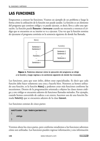 5. FUNCIONES Y MÉTODOS 
LAS FUNCIONES 
Empecemos a conocer las funciones. Veamos un ejemplo de un problema y luego la 
forma cómo la utilización de la función nos puede ayudar. La función es un elemento 
del programa que contiene código y se puede ejecutar, es decir, lleva a cabo una ope-ración. 
La función puede llamarse o invocarse cuando sea necesario y entonces el có-digo 
que se encuentra en su interior se va a ejecutar. Una vez que la función termina 
de ejecutarse el programa continúa en la sentencia siguiente de donde fue llamada. 
Main() 
Sentencia 1 
Sentencia 2 
... 
... 
Función() 
... 
... 
Sentencia n 
Función() 
Sentencia 1 
Sentencia 2 
... 
Sentencia n 
Figura 1. Podemos observar cómo la ejecución del programa se dirige 
a la función y luego regresa a la sentencia siguiente de donde fue invocada. 
Las funciones, para que sean útiles, deben estar especializadas. Es decir que cada 
función debe hacer solamente una cosa y hacerla bien. Nosotros ya hemos utiliza-do 
una función, es la función Main() y podemos crear más funciones conforme las 
necesitemos. Dentro de la programación orientada a objetos las clases tienen códi-go 
y este código se encuentra adentro de funciones llamadas métodos. Por ejemplo, 
cuando hemos convertido de cadena a un entero, hacemos uso de una función lla-mada 
ToIn32() que se encuentra adentro de la clase Convert. 
Las funciones constan de cinco partes: 
modificador tipo Nombre(parámetros) 
{ 
código 
} 
Veremos ahora las cinco partes, pero conforme estudiemos a las funciones sabremos 
cómo son utilizadas. Las funciones pueden regresar información y esta información 
148 www.redusers.com 
 