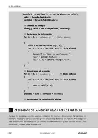 6. LOS ARREGLOS 
CRECIMIENTO DE LA MEMORIA USADA POR LOS ARREGLOS 
Aunque no parezca, cuando usamos arreglos de muchas dimensiones la cantidad de 
memoria necesaria para guardarlos puede crecer rápidamente sin notarlo. Un arreglo de 
tres dimensiones de enteros con un tamaño de 256x256x256 no puede parecer mucho, pero 
necesita 67,108,864 bytes de memoria. 
202 
Console.WriteLine(“Dame la cantidad de alumnos por salon”); 
valor = Console.ReadLine(); 
cantidad = Convert.ToInt32(valor); 
// Creamos el arreglo 
float[,] calif = new float[salones, cantidad]; 
// Capturamos la información 
for (n = 0; n < salones; n++) // Ciclo salones 
{ 
Console.WriteLine(“Salon {0}”, n); 
for (m = 0; m < cantidad; m++) // Ciclo alumnos 
{ 
Console.Write(“Dame la calificación “); 
valor = Console.ReadLine(); 
calif[n, m] = Convert.ToSingle(valor); 
} 
} 
// Encontramos el promedio 
for (n = 0; n < salones; n++) // Ciclo salones 
{ 
for (m = 0; m < cantidad; m++) // Ciclo alumnos 
{ 
suma += calif[n, m]; 
} 
} 
promedio = suma / (cantidad * salones); 
// Encontramos la calificación mínima 
www.redusers.com 
 