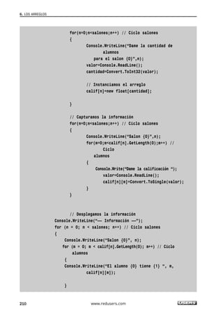 for(n=0;n<salones;n++) // Ciclo salones 
{ 
Console.WriteLine(“Dame la cantidad de 
alumnos 
para el salon {0}”,n); 
valor=Console.ReadLine(); 
cantidad=Convert.ToInt32(valor); 
// Instanciamos el arreglo 
calif[n]=new float[cantidad]; 
} 
// Capturamos la información 
for(n=0;n<salones;n++) // Ciclo salones 
{ 
Console.WriteLine(“Salon {0}”,n); 
for(m=0;m<calif[n].GetLength(0);m++) // 
Ciclo 
alumnos 
{ 
Console.Write(“Dame la calificación “); 
valor=Console.ReadLine(); 
calif[n][m]=Convert.ToSingle(valor); 
} 
} 
// Desplegamos la información 
Console.WriteLine(“—— Información ——”); 
for (n = 0; n < salones; n++) // Ciclo salones 
{ 
Console.WriteLine(“Salon {0}”, n); 
for (m = 0; m < calif[n].GetLength(0); m++) // Ciclo 
alumnos 
{ 
Console.WriteLine(“El alumno {0} tiene {1} “, m, 
calif[n][m]); 
} 
6. LOS ARREGLOS 
210 www.redusers.com 
 