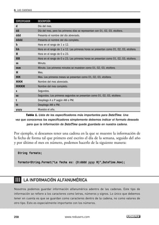 8. LAS CADENAS 
ESPECIFICADOR DESCRIPCIÓN 
d Día del mes. 
dd Día del mes, pero los primeros días se representan con 01, 02, 03, etcétera. 
ddd Presenta el nombre del día abreviado. 
dddd Presenta el nombre del día completo. 
h Hora en el rango de 1 a 12. 
hh Hora en el rango de 1 a 12. Las primeras horas se presentan como 01, 02, 03, etcétera. 
H Hora en el rango de 0 a 23. 
HH Hora en el rango de 0 a 23. Las primeras horas se presentan como 01, 02, 03, etcétera. 
m Minuto. 
mm Minuto. Los primeros minutos se muestran como 01, 02, 03, etcétera. 
M Mes. 
MM Mes. Los primeros meses se presentan como 01, 02, 03, etcétera. 
MMM Nombre del mes abreviado. 
MMMM Nombre del mes completo. 
s Segundos. 
ss Segundos. Los primeros segundos se presentan como 01, 02, 03, etcétera. 
t Despliega A o P según AM o PM. 
tt Despliega AM o PM. 
yyyy Muestra el año. 
Tabla 1. Lista de los especificadores más importantes para DateTime. Una 
vez que conocemos los especificadores simplemente debemos indicar el formato deseado 
para que la información de DateTime quede guardada en nuestra cadena. 
Por ejemplo, si deseamos tener una cadena en la que se muestre la información de 
la fecha de forma tal que primero esté escrito el día de la semana, seguido del año 
y por último el mes en número, podemos hacerlo de la siguiente manera: 
String formato; 
formato=String.Format(“La fecha es: {0:dddd yyyy M}”,DateTime.Now); 
LA INFORMACIÓN ALFANUMÉRICA 
Nosotros podemos guardar información alfanumérica adentro de las cadenas. Este tipo de 
información se refiere a los caracteres como letras, números y signos. Lo único que debemos 
tener en cuenta es que se guardan como caracteres dentro de la cadena, no como valores de 
otro tipo. Esto es especialmente importante con los números. 
258 www.redusers.com 
 