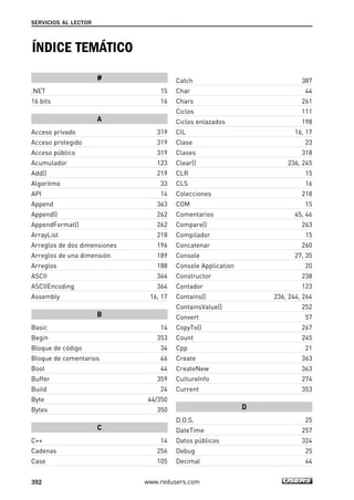 SERVICIOS AL LECTOR 
# 
.NET 15 
16 bits 16 
A 
Acceso privado 319 
Acceso protegido 319 
Acceso público 319 
Acumulador 123 
Add() 219 
Algoritmo 33 
API 14 
Append 363 
Append() 262 
AppendFormat() 262 
ArrayList 218 
Arreglos de dos dimensiones 196 
Arreglos de una dimensión 189 
Arreglos 188 
ASCII 364 
ASCIIEncoding 364 
Assembly 16, 17 
B 
Basic 14 
Begin 353 
Bloque de código 34 
Bloque de comentarios 46 
Bool 44 
Buffer 359 
Build 24 
Byte 44/350 
Bytes 350 
C 
C++ 14 
Cadenas 256 
Case 105 
Catch 387 
Char 44 
Chars 261 
Ciclos 111 
Ciclos enlazados 198 
CIL 16, 17 
Clase 23 
Clases 318 
Clear() 236, 245 
CLR 15 
CLS 16 
Colecciones 218 
COM 15 
Comentarios 45, 46 
Compare() 263 
Compilador 15 
Concatenar 260 
Console 27, 35 
Console Application 20 
Constructor 238 
Contador 123 
Contains() 236, 244, 264 
ContainsValue() 252 
Convert 57 
CopyTo() 267 
Count 245 
Cpp 21 
Create 363 
CreateNew 363 
CultureInfo 274 
Current 353 
392 www.redusers.com 
D 
D.O.S. 25 
DateTime 257 
Datos públicos 324 
Debug 25 
Decimal 44 
ÍNDICE TEMÁTICO 
 