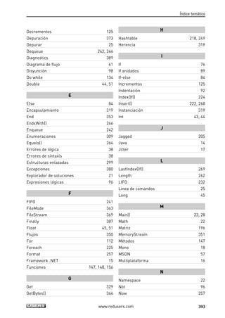Decrementos 125 
Depuración 373 
Depurar 25 
Dequeue 242, 244 
Diagnostics 389 
Diagrama de flujo 61 
Disyunción 98 
Do while 134 
Double 44, 51 
E 
Else 84 
Encapsulamiento 319 
End 353 
EndsWith() 266 
Enqueue 242 
Enumeraciones 309 
Equals() 264 
Errores de lógica 38 
Errores de sintaxis 38 
Estructuras enlazadas 299 
Excepciones 380 
Explorador de soluciones 21 
Expresiones lógicas 96 
F 
FIFO 241 
FileMode 363 
FileStream 369 
Finally 387 
Float 45, 51 
Flujos 350 
For 112 
Foreach 225 
Format 257 
Framework .NET 15 
Funciones 147, 148, 156 
G 
Get 329 
GetBytes() 364 
H 
Índice temático 
Hashtable 218, 249 
Herencia 319 
I 
If 76 
If anidados 89 
If-else 84 
Incrementos 125 
Indentación 92 
IndexOf() 224 
Insert() 222, 268 
Instanciación 319 
Int 43, 44 
J 
Jagged 205 
Java 14 
Jitter 17 
L 
LastIndexOf() 269 
Length 262 
LIFO 232 
Línea de comandos 25 
Long 45 
M 
Main() 23, 28 
Math 22 
Matriz 196 
MemoryStream 351 
Métodos 147 
Mono 18 
MSDN 57 
Multiplataforma 16 
N 
Namespace 22 
Not 96 
Now 257 
www.redusers.com 393 
 