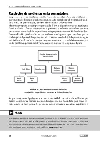 2. LOS ELEMENTOS BÁSICOS DE UN PROGRAMA 
Resolución de problemas en la computadora 
Empecemos por un problema sencillo y fácil de entender. Para este problema se-guiremos 
todos los pasos que hemos mencionado hasta llegar al programa de cóm-puto 
final. En primer lugar, tenemos la descripción del problema. 
Hacer un programa de cómputo que calcule el área y el perímetro de un rectángulo 
dados sus lados. Una vez que tenemos el problema y lo hemos entendido, entonces 
procedemos a subdividirlo en problemas más pequeños que sean fáciles de resolver. 
Esta subdivisión puede ser hecha por medio de un diagrama y para esto hay que re-cordar 
que si alguno de los problemas aún continua siendo difícil, lo podemos seguir 
subdividiendo. A modo de ejemplo exageraremos un poco la subdivisión en este ca-so. 
El problema quedaría subdividido como se muestra en la siguiente figura. 
Calcular área y perímetro 
del rectángulo 
Pedir datos Calcular área 
Pedir 
alto 
Mostrar 
área 
Calcular 
perímetro 
Figura 15. Aquí tenemos nuestro problema 
Mostrar 
resultados 
subdividido en problemas menores y fáciles de resolver. 
Pedir 
ancho 
Mostrar 
perímetro 
Ya que conocemos el problema y lo hemos subdividido en varios subproblemas, po-demos 
identificar de manera más clara los datos que nos hacen falta para poder tra-bajar 
en él. La descripción del problema nos proporciona dos datos explícitos: el 
MSDN 
Si queremos encontrar información sobre cualquier clase o método de C#, el lugar apropiado 
para hacerlo es el sitio web MSDN que nos provee Microsoft. Cuando realicemos la búsqueda 
debemos filtrar para buscar únicamente contenidos del lenguaje C# y así evitar confusiones con 
información de otros lenguajes. La dirección es www.msdn.com. 
64 www.redusers.com 
 