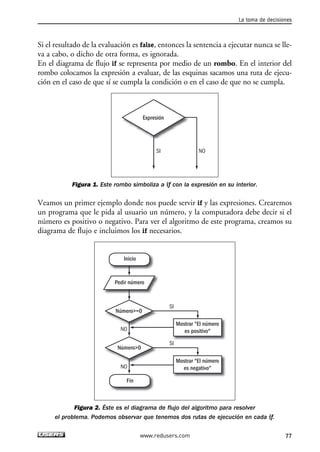 La toma de decisiones 
Si el resultado de la evaluación es false, entonces la sentencia a ejecutar nunca se lle-va 
a cabo, o dicho de otra forma, es ignorada. 
En el diagrama de flujo if se representa por medio de un rombo. En el interior del 
rombo colocamos la expresión a evaluar, de las esquinas sacamos una ruta de ejecu-ción 
en el caso de que sí se cumpla la condición o en el caso de que no se cumpla. 
Expresión 
SI NO 
Figura 1. Este rombo simboliza a if con la expresión en su interior. 
Veamos un primer ejemplo donde nos puede servir if y las expresiones. Crearemos 
un programa que le pida al usuario un número, y la computadora debe decir si el 
número es positivo o negativo. Para ver el algoritmo de este programa, creamos su 
diagrama de flujo e incluimos los if necesarios. 
Mostrar "El número 
es positivo" 
Inicio 
Pedir número 
Número>=0 
NO 
Número>0 
NO 
Fin 
SI 
Mostrar "El número 
es negativo" 
SI 
Figura 2. Éste es el diagrama de flujo del algoritmo para resolver 
el problema. Podemos observar que tenemos dos rutas de ejecución en cada if. 
www.redusers.com 77 
 