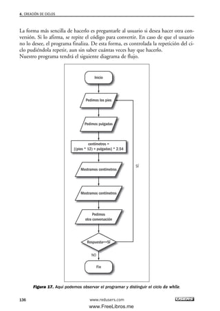 La forma más sencilla de hacerlo es preguntarle al usuario si desea hacer otra con-
versión. Si lo afirma, se repite el código para convertir. En caso de que el usuario
no lo desee, el programa finaliza. De esta forma, es controlada la repetición del ci-
clo pudiéndola repetir, aun sin saber cuántas veces hay que hacerlo.
Nuestro programa tendrá el siguiente diagrama de flujo.
Figura 17. Aquí podemos observar el programar y distinguir el ciclo do while.
Pedimos los pies
Pedimos pulgadas
Mostramos centímetros
Mostramos centímetros
Inicio
Fin
Respuesta==SÍ
NO
SÍ
centímetros =
[(pies * 12) + pulgadas] * 2.54
Pedimos
otra conversación
4. CREACIÓN DE CICLOS
136 www.redusers.com
04_C#2010_AJUSTADO.qxd 8/6/10 8:33 PM Page 136
www.FreeLibros.me
 