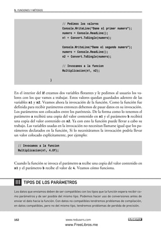 // Pedimos los valores
Console.WriteLine(“Dame el primer numero”);
numero = Console.ReadLine();
n1 = Convert.ToSingle(numero);
Console.WriteLine(“Dame el segundo numero”);
numero = Console.ReadLine();
n2 = Convert.ToSingle(numero);
// Invocamos a la funcion
Multiplicacion(n1, n2);
}
En el interior del if creamos dos variables flotantes y le pedimos al usuario los va-
lores con los que vamos a trabajar. Estos valores quedan guardados adentro de las
variables n1 y n2. Veamos ahora la invocación de la función. Como la función fue
definida para recibir parámetros entonces debemos de pasar datos en su invocación.
Los parámetros son colocados entre los paréntesis. De la forma como lo tenemos el
parámetro a recibirá una copia del valor contenido en n1 y el parámetro b recibirá
una copia del valor contenido en n2. Ya con esto la función puede llevar a cabo su
trabajo. Las variables usadas en la invocación no necesitan llamarse igual que los pa-
rámetros declarados en la función. Si lo necesitáramos la invocación podría llevar
un valor colocado explícitamente, por ejemplo:
// Invocamos a la funcion
Multiplicacion(n1, 4.0f);
Cuando la función se invoca el parámetro a recibe una copia del valor contenido en
n1 y el parámetro b recibe el valor de 4. Veamos cómo funciona.
5. FUNCIONES Y MÉTODOS
162 www.redusers.com
Los datos que enviamos deben de ser compatibles con los tipos que la función espera recibir co-
mo parámetros y de ser posible del mismo tipo. Podemos hacer uso de conversiones antes de
enviar el dato hacia la función. Con datos no compatibles tendremos problemas de compilación,
en datos compatibles, pero no del mismo tipo, tendremos problemas de perdida de precisión.
TIPOS DE LOS PARÁMETROS
05_C#2010_AJUSTADO.qxd 8/6/10 8:33 PM Page 162
www.FreeLibros.me
 
