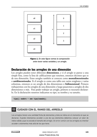 Figura 1. En esta figura vemos la comparación
entre tener varias variables y un arreglo.
Declaración de los arreglos de una dimensión
Los arreglos pueden tener diferentes dimensiones, y si el arreglo se parece a una
simple lista, como la lista de calificaciones que tenemos, entonces decimos que es
de una dimensión. Estos arreglos también se conocen como monodimensionales
o unidimensionales. Si el arreglo es como una tabla con varios renglones y varias
columnas, entonces es un arreglo de dos dimensiones o bidimensional. Primero
trabajaremos con los arreglos de una dimensión y luego pasaremos a arreglos de dos
dimensiones o más. Para poder trabajar un arreglo, primero es necesario declarar-
lo. En la declaración nosotros indicamos su tipo, su nombre y su tamaño.
tipo[] nombre = new tipo[tamaño];
0a0
a1
a2
a3
1
2
3
a
Los arreglos
189www.redusers.com
Los arreglos tienen una cantidad finita de elementos y ésta se indica en el momento en que se
declaran. Cuando intentamos acceder a uno de sus elementos debemos colocar un valor de
índice válido y que no exceda el tamaño del arreglo. Un error común con los arreglos es intentar
acceder a elementos más allá de los que tiene.
CUIDADO CON EL RANGO DEL ARREGLO
06_C#2010_AJUSTADO.qxd 8/6/10 8:34 PM Page 189
www.FreeLibros.me
 