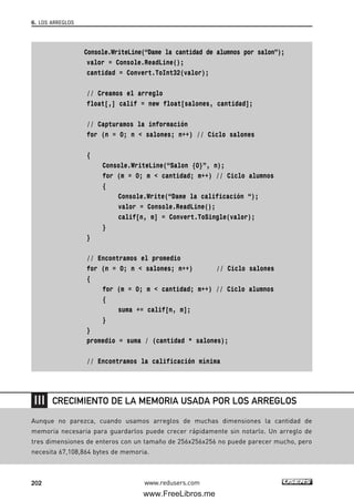 6. LOS ARREGLOS
202
Console.WriteLine(“Dame la cantidad de alumnos por salon”);
valor = Console.ReadLine();
cantidad = Convert.ToInt32(valor);
// Creamos el arreglo
float[,] calif = new float[salones, cantidad];
// Capturamos la información
for (n = 0; n < salones; n++) // Ciclo salones
{
Console.WriteLine(“Salon {0}”, n);
for (m = 0; m < cantidad; m++) // Ciclo alumnos
{
Console.Write(“Dame la calificación “);
valor = Console.ReadLine();
calif[n, m] = Convert.ToSingle(valor);
}
}
// Encontramos el promedio
for (n = 0; n < salones; n++) // Ciclo salones
{
for (m = 0; m < cantidad; m++) // Ciclo alumnos
{
suma += calif[n, m];
}
}
promedio = suma / (cantidad * salones);
// Encontramos la calificación mínima
www.redusers.com
Aunque no parezca, cuando usamos arreglos de muchas dimensiones la cantidad de
memoria necesaria para guardarlos puede crecer rápidamente sin notarlo. Un arreglo de
tres dimensiones de enteros con un tamaño de 256x256x256 no puede parecer mucho, pero
necesita 67,108,864 bytes de memoria.
CRECIMIENTO DE LA MEMORIA USADA POR LOS ARREGLOS
06_C#2010_AJUSTADO.qxd 8/6/10 8:34 PM Page 202
www.FreeLibros.me
 
