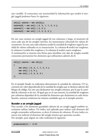 una variable. Si conocemos con anterioridad la información que tendrá el arre-
glo jagged podemos hacer lo siguiente:
int[][] valores = new int[3][];
valores[0] = new int[] { 9, 3, 1, 7, 2, 4 };
valores[1] = new int[] { 2, 9 };
valores[2] = new int[] { 3, 5, 2, 9 };
En este caso creamos un arreglo jagged de tres columnas y luego, al momento de
crear cada uno de los arreglos internos, los instanciamos colocando los valores di-
rectamente. En este caso cada columna tendrá la cantidad de renglones según la can-
tidad de valores utilizados en su instanciación. La columna 0 tendrá seis renglones,
la columna 1 tendrá dos renglones y la columna 2 tendrá cuatro renglones.
A continuación se muestra otra forma para inicializar este tipo de arreglos cuando
conocemos previamente los elementos que utilizaremos adentro de él:
int[][] valores = new int[][]
{
new int[] { 9, 3, 1, 7, 2, 4 },
new int[] { 2, 9 },
new int[] { 3, 5, 2, 9 }
};
En el ejemplo listado no indicamos directamente la cantidad de columnas. C# en-
contrará este valor dependiendo de la cantidad de arreglos que se declaren adentro del
bloque de código. En este caso declaramos tres arreglos internos, por lo que la canti-
dad de columnas es de tres. Al igual que en el caso anterior, la cantidad de renglones
por columnas dependerá de la cantidad de elementos que declaramos en cada inicia-
lización, entonces tendremos las mismas cantidades que en el ejemplo anterior.
Acceder a un arreglo jagged
Para acceder a los elementos guardados adentro de un arreglo jagged también ne-
cesitamos utilizar índices. Un índice será aplicado para indicar cuál elemento del
arreglo contenedor utilizaremos, es decir el número de columna. El otro índice en-
tonces nos indicará el elemento del arreglo interno que queremos acceder.
Por ejemplo, para asignar un valor realizamos lo siguiente:
productos[6][7] = 5.7f;
Los arreglos
207www.redusers.com
06_C#2010_AJUSTADO.qxd 8/6/10 8:34 PM Page 207
www.FreeLibros.me
 