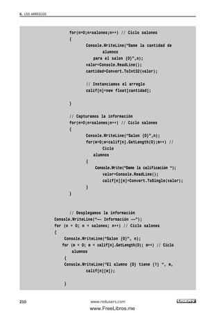 for(n=0;n<salones;n++) // Ciclo salones
{
Console.WriteLine(“Dame la cantidad de
alumnos
para el salon {0}”,n);
valor=Console.ReadLine();
cantidad=Convert.ToInt32(valor);
// Instanciamos el arreglo
calif[n]=new float[cantidad];
}
// Capturamos la información
for(n=0;n<salones;n++) // Ciclo salones
{
Console.WriteLine(“Salon {0}”,n);
for(m=0;m<calif[n].GetLength(0);m++) //
Ciclo
alumnos
{
Console.Write(“Dame la calificación “);
valor=Console.ReadLine();
calif[n][m]=Convert.ToSingle(valor);
}
}
// Desplegamos la información
Console.WriteLine(“—— Información ——”);
for (n = 0; n < salones; n++) // Ciclo salones
{
Console.WriteLine(“Salon {0}”, n);
for (m = 0; m < calif[n].GetLength(0); m++) // Ciclo
alumnos
{
Console.WriteLine(“El alumno {0} tiene {1} “, m,
calif[n][m]);
}
6. LOS ARREGLOS
210 www.redusers.com
06_C#2010_AJUSTADO.qxd 8/6/10 8:34 PM Page 210
www.FreeLibros.me
 
