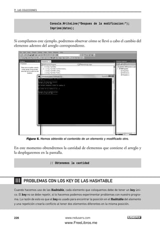 Console.WriteLine(“Despues de la modificacion:”);
Imprime(datos);
Si compilamos este ejemplo, podremos observar cómo se llevó a cabo el cambio del
elemento adentro del arreglo correspondiente.
Figura 6. Hemos obtenido el contenido de un elemento y modificado otro.
En este momento obtendremos la cantidad de elementos que contiene el arreglo y
la desplegaremos en la pantalla.
// Obtenemos la cantidad
7. LAS COLECCIONES
228 www.redusers.com
Cuando hacemos uso de las Hashtable, cada elemento que coloquemos debe de tener un key úni-
co. El key no se debe repetir, si lo hacemos podemos experimentar problemas con nuestro progra-
ma. La razón de esto es que el key es usado para encontrar la posición en el Hashtable del elemento
y una repetición crearía conflicto al tener dos elementos diferentes en la misma posición.
PROBLEMAS CON LOS KEY DE LAS HASHTABLE
07_C#2010_AJUSTADO.qxd 8/9/10 11:23 AM Page 228
www.FreeLibros.me
 