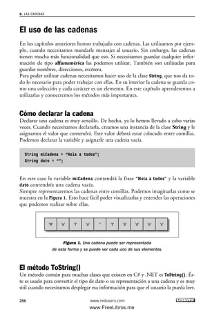 El uso de las cadenas
En los capítulos anteriores hemos trabajado con cadenas. Las utilizamos por ejem-
plo, cuando necesitamos mandarle mensajes al usuario. Sin embargo, las cadenas
tienen mucha más funcionalidad que eso. Si necesitamos guardar cualquier infor-
mación de tipo alfanumérica las podemos utilizar. También son utilizadas para
guardar nombres, direcciones, etcétera.
Para poder utilizar cadenas necesitamos hacer uso de la clase String, que nos da to-
do lo necesario para poder trabajar con ellas. En su interior la cadena se guarda co-
mo una colección y cada carácter es un elemento. En este capítulo aprenderemos a
utilizarlas y conoceremos los métodos más importantes.
Cómo declarar la cadena
Declarar una cadena es muy sencillo. De hecho, ya lo hemos llevado a cabo varias
veces. Cuando necesitamos declararla, creamos una instancia de la clase String y le
asignamos el valor que contendrá. Este valor deberá estar colocado entre comillas.
Podemos declarar la variable y asignarle una cadena vacía.
String miCadena = “Hola a todos”;
String dato = “”;
En este caso la variable miCadena contendrá la frase “Hola a todos” y la variable
dato contendría una cadena vacía.
Siempre representaremos las cadenas entre comillas. Podemos imaginarlas como se
muestra en la Figura 1. Esto hace fácil poder visualizarlas y entender las operaciones
que podemos realizar sobre ellas.
Figura 1. Una cadena puede ser representada
de esta forma y se puede ver cada uno de sus elementos.
El método ToString()
Un método común para muchas clases que existen en C# y .NET es ToString(). És-
te es usado para convertir el tipo de dato o su representación a una cadena y es muy
útil cuando necesitamos desplegar esa información para que el usuario la pueda leer.
'H' 'o' 'l' 'a' '' 't' 'ó' 'd' 'o' 's'
8. LAS CADENAS
256 www.redusers.com
08_C#2010_AJUSTADO.qxd 8/9/10 11:22 AM Page 256
www.FreeLibros.me
 