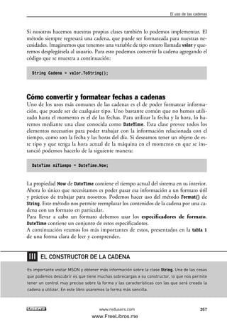 Si nosotros hacemos nuestras propias clases también lo podemos implementar. El
método siempre regresará una cadena, que puede ser formateada para nuestras ne-
cesidades. Imaginemos que tenemos una variable de tipo entero llamada valor y que-
remos desplegársela al usuario. Para esto podemos convertir la cadena agregando el
código que se muestra a continuación:
String Cadena = valor.ToString();
Cómo convertir y formatear fechas a cadenas
Uno de los usos más comunes de las cadenas es el de poder formatear informa-
ción, que puede ser de cualquier tipo. Uno bastante común que no hemos utili-
zado hasta el momento es el de las fechas. Para utilizar la fecha y la hora, lo ha-
remos mediante una clase conocida como DateTime. Esta clase provee todos los
elementos necesarios para poder trabajar con la información relacionada con el
tiempo, como son la fecha y las horas del día. Si deseamos tener un objeto de es-
te tipo y que tenga la hora actual de la máquina en el momento en que se ins-
tanció podemos hacerlo de la siguiente manera:
DateTime miTiempo = DateTime.Now;
La propiedad Now de DateTime contiene el tiempo actual del sistema en su interior.
Ahora lo único que necesitamos es poder pasar esa información a un formato útil
y práctico de trabajar para nosotros. Podemos hacer uso del método Format() de
String. Este método nos permite reemplazar los contenidos de la cadena por una ca-
dena con un formato en particular.
Para llevar a cabo un formato debemos usar los especificadores de formato.
DateTime contiene un conjunto de estos especificadotes.
A continuación veamos los más importantes de estos, presentados en la tabla 1
de una forma clara de leer y comprender.
El uso de las cadenas
257www.redusers.com
Es importante visitar MSDN y obtener más información sobre la clase String. Una de las cosas
que podemos descubrir es que tiene muchas sobrecargas a su constructor, lo que nos permite
tener un control muy preciso sobre la forma y las características con las que será creada la
cadena a utilizar. En este libro usaremos la forma más sencilla.
EL CONSTRUCTOR DE LA CADENA
08_C#2010_AJUSTADO.qxd 8/9/10 11:22 AM Page 257
www.FreeLibros.me
 