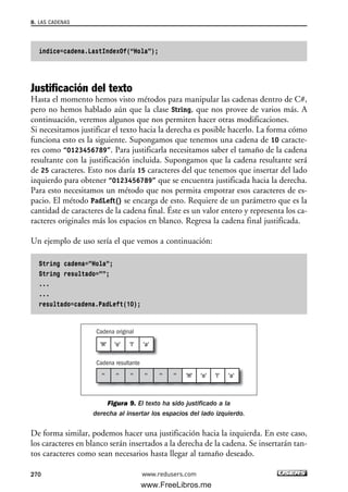 8. LAS CADENAS
270
índice=cadena.LastIndexOf(“Hola”);
Justificación del texto
Hasta el momento hemos visto métodos para manipular las cadenas dentro de C#,
pero no hemos hablado aún que la clase String, que nos provee de varios más. A
continuación, veremos algunos que nos permiten hacer otras modificaciones.
Si necesitamos justificar el texto hacia la derecha es posible hacerlo. La forma cómo
funciona esto es la siguiente. Supongamos que tenemos una cadena de 10 caracte-
res como “0123456789”. Para justificarla necesitamos saber el tamaño de la cadena
resultante con la justificación incluida. Supongamos que la cadena resultante será
de 25 caracteres. Esto nos daría 15 caracteres del que tenemos que insertar del lado
izquierdo para obtener “0123456789” que se encuentra justificada hacia la derecha.
Para esto necesitamos un método que nos permita empotrar esos caracteres de es-
pacio. El método PadLeft() se encarga de esto. Requiere de un parámetro que es la
cantidad de caracteres de la cadena final. Éste es un valor entero y representa los ca-
racteres originales más los espacios en blanco. Regresa la cadena final justificada.
Un ejemplo de uso sería el que vemos a continuación:
String cadena=”Hola”;
String resultado=””;
...
...
resultado=cadena.PadLeft(10);
Figura 9. El texto ha sido justificado a la
derecha al insertar los espacios del lado izquierdo.
De forma similar, podemos hacer una justificación hacia la izquierda. En este caso,
los caracteres en blanco serán insertados a la derecha de la cadena. Se insertarán tan-
tos caracteres como sean necesarios hasta llegar al tamaño deseado.
Cadena original
Cadena resultante
'H' 'o' 'l' 'a'
'' '' '' '' '' '' 'H' 'o' 'l' 'a'
www.redusers.com
08_C#2010_AJUSTADO.qxd 8/9/10 11:23 AM Page 270
www.FreeLibros.me
 