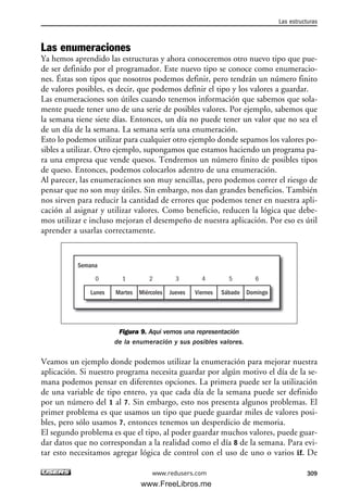 Las enumeraciones
Ya hemos aprendido las estructuras y ahora conoceremos otro nuevo tipo que pue-
de ser definido por el programador. Este nuevo tipo se conoce como enumeracio-
nes. Éstas son tipos que nosotros podemos definir, pero tendrán un número finito
de valores posibles, es decir, que podemos definir el tipo y los valores a guardar.
Las enumeraciones son útiles cuando tenemos información que sabemos que sola-
mente puede tener uno de una serie de posibles valores. Por ejemplo, sabemos que
la semana tiene siete días. Entonces, un día no puede tener un valor que no sea el
de un día de la semana. La semana sería una enumeración.
Esto lo podemos utilizar para cualquier otro ejemplo donde sepamos los valores po-
sibles a utilizar. Otro ejemplo, supongamos que estamos haciendo un programa pa-
ra una empresa que vende quesos. Tendremos un número finito de posibles tipos
de queso. Entonces, podemos colocarlos adentro de una enumeración.
Al parecer, las enumeraciones son muy sencillas, pero podemos correr el riesgo de
pensar que no son muy útiles. Sin embargo, nos dan grandes beneficios. También
nos sirven para reducir la cantidad de errores que podemos tener en nuestra apli-
cación al asignar y utilizar valores. Como beneficio, reducen la lógica que debe-
mos utilizar e incluso mejoran el desempeño de nuestra aplicación. Por eso es útil
aprender a usarlas correctamente.
Figura 9. Aquí vemos una representación
de la enumeración y sus posibles valores.
Veamos un ejemplo donde podemos utilizar la enumeración para mejorar nuestra
aplicación. Si nuestro programa necesita guardar por algún motivo el día de la se-
mana podemos pensar en diferentes opciones. La primera puede ser la utilización
de una variable de tipo entero, ya que cada día de la semana puede ser definido
por un número del 1 al 7. Sin embargo, esto nos presenta algunos problemas. El
primer problema es que usamos un tipo que puede guardar miles de valores posi-
bles, pero sólo usamos 7, entonces tenemos un desperdicio de memoria.
El segundo problema es que el tipo, al poder guardar muchos valores, puede guar-
dar datos que no correspondan a la realidad como el día 8 de la semana. Para evi-
tar esto necesitamos agregar lógica de control con el uso de uno o varios if. De
Semana
Lunes Martes Miércoles Jueves Viernes Sábado Domingo
0 1 2 3 4 5 6
Las estructuras
309www.redusers.com
09_C#2010_AJUSTADO.qxd 8/9/10 11:20 AM Page 309
www.FreeLibros.me
 