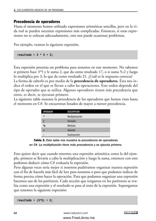 Precedencia de operadores
Hasta el momento hemos utilizado expresiones aritméticas sencillas, pero en la vi-
da real se pueden necesitar expresiones más complicadas. Entonces, si estas expre-
siones no se colocan adecuadamente, esto nos puede ocasionar problemas.
Por ejemplo, veamos la siguiente expresión.
resultado = 3 * 5 + 2;
Esta expresión presenta un problema para nosotros en este momento. No sabemos
si primero hace 3*5 y le suma 2, que da como resultado 17, o si suma 5+2 y luego
lo multiplica por 3, lo que da como resultado 21. ¿Cuál es la respuesta correcta?
La forma de saberlo es por medio de la precedencia de operadores. Ésta nos in-
dica el orden en el que se llevan a cabo las operaciones. Este orden depende del
tipo de operador que se utiliza. Algunos operadores tienen más precedencia que
otros, es decir, se ejecutan primero.
La siguiente tabla muestra la precedencia de los operadores que hemos visto hasta
el momento en C#. Se encuentran listados de mayor a menor precedencia.
OPERADOR DESCRIPCIÓN
* Multiplicación
/ División
% Módulo
+ Adición
- Sustracción
Tabla 3. Esta tabla nos muestra la precedencia de operadores
en C#. La multiplicación tiene más precedencia y se ejecuta primero.
Esto quiere decir que cuando tenemos una expresión aritmética como la del ejem-
plo, primero se llevaría a cabo la multiplicación y luego la suma, entonces con esto
podemos deducir cómo C# evaluaría la expresión.
Pero algunas veces sería mejor si nosotros pudiéramos organizar nuestra expresión
con el fin de hacerla más fácil de leer para nosotros o para que podamos indicar de
forma precisa cómo hacer la operación. Para que podamos organizar una expresión
hacemos uso de los paréntesis. Cada sección que tengamos en los paréntesis se eva-
lúa como una expresión y el resultado se pasa al resto de la expresión. Supongamos
que tenemos la siguiente expresión:
resultado = (3*5) + 2;
2. LOS ELEMENTOS BÁSICOS DE UN PROGRAMA
54 www.redusers.com
02_C#2010.qxd 8/6/10 8:16 PM Page 54
www.FreeLibros.me
 