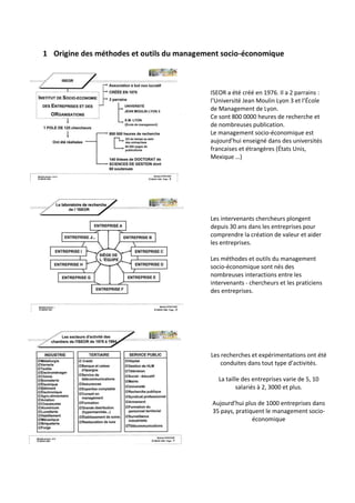 1 Origine des méthodes et outils du management socio-économique



                                           ISEOR a été créé en 1976. Il a 2 parrains :
                                           l’Université Jean Moulin Lyon 3 et l’École
                                           de Management de Lyon.
                                           Ce sont 800 0000 heures de recherche et
                                           de nombreuses publication.
                                           Le management socio-économique est
                                           aujourd’hui enseigné dans des universités
                                           francaises et étrangères (États Unis,
                                           Mexique …)




                                           Les intervenants chercheurs plongent
                                           depuis 30 ans dans les entreprises pour
                                           comprendre la création de valeur et aider
                                           les entreprises.

                                           Les méthodes et outils du management
                                           socio-économique sont nés des
                                           nombreuses interactions entre les
                                           intervenants - chercheurs et les praticiens
                                           des entreprises.




                                           Les recherches et expérimentations ont été
                                               conduites dans tout type d’activités.

                                              La taille des entreprises varie de 5, 10
                                                      salariés à 2, 3000 et plus.

                                            Aujourd’hui plus de 1000 entreprises dans
                                            35 pays, pratiquent le management socio-
                                                           économique
 