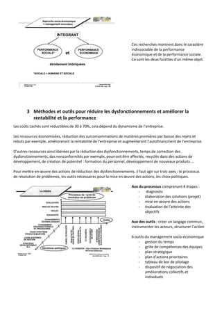 Ces recherches montrent donc le caractère
                                                                       indissociable de la performance
                                                                       économique et de la performance sociale.
                                                                       Ce sont les deux facettes d’un même objet.




        3 Méthodes et outils pour réduire les dysfonctionnements et améliorer la
          rentabilité et la performance
Les coûts cachés sont réductibles de 30 à 70%, cela dépend du dynamisme de l’entreprise.

Les ressources économisées, réduction des surconsommations de matières premières par baisse des rejets et
rebuts par exemple, amélioreront la rentabilité de l’entreprise et augmenteront l’autofinancment de l’entreprise.

D’autres ressources ainsi libérées par la réduction des dysfonctionnements, temps de correction des
dysfonctionnements, des nonconformités par exemple, pourront être affectés, recyclès dans des actions de
développement, de création de potentiel : formation du personnel, développement de nouveaux produits …

Pour mettre en œuvre des actions de réduction des dysfonctionnements, il faut agir sur trois axes : le processus
de résolution de problèmes, les outils nécessaires pour la mise en œuvre des actions, les choix politiques.

                                                                       Axe du processus comprenant 4 étapes :
                                                                          -    diagnostic
                                                                          - élaboration des solutions (projet)
                                                                          - mise en œuvre des actions
                                                                          - évaluation de l’atteinte des
                                                                              objectifs

                                                                       Axe des outils : créer un langage commun,
                                                                       instrumenter les acteurs, structurer l’action

                                                                       6 outils du management socio-économique
                                                                           - gestion du temps
                                                                           - grille de compétences des équipes
                                                                           - plan stratégique
                                                                           - plan d’actions prioritaires
                                                                           - tableau de bor de pilotage
                                                                           - dispositif de négociation des
                                                                                améliorations collectifs et
                                                                                individuels
 