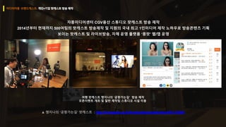자몽미디어센터 CGV용산 스튜디오 팟캐스트 방송 제작
2014년부터 현재까지 500여팀의 팟캐스트 방송제작 및 지원의 국내 최고 1인미디어 제작 노하우로 방송콘텐츠 기획
보이는 팟캐스트 및 라이브방송, 자체 운영 플랫폼 ‘몽팟’ 웹/앱 운영
여행 팟캐스트 맹지나의 ‘공항가는길’ 방송 제작
오픈이벤트 개최 및 일반 제작팀 스튜디오 시설 이용
 