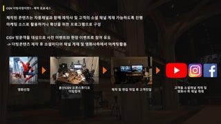 CGV 더빙극장이란? - 제작 프로세스
제작된 콘텐츠는 자몽채널과 함께 제작사 및 고객의 소셜 채널 게재 가능하도록 진행
마케팅 소스로 활용하거나 확산을 위한 프로그램으로 구성
CGV 방문객들 대상으로 사전 이벤트와 현장 이벤트로 참여 유도
-> 더빙콘텐츠 제작 후 소셜미디어 채널 게재 및 영화사측에서 마케팅활용
영화선정
용산CGV 오픈스튜디오
더빙참여
제작 및 편집 작업 후 고객전달
고객들 소셜채널 게재 및
영화사 측 채널 게재
 
