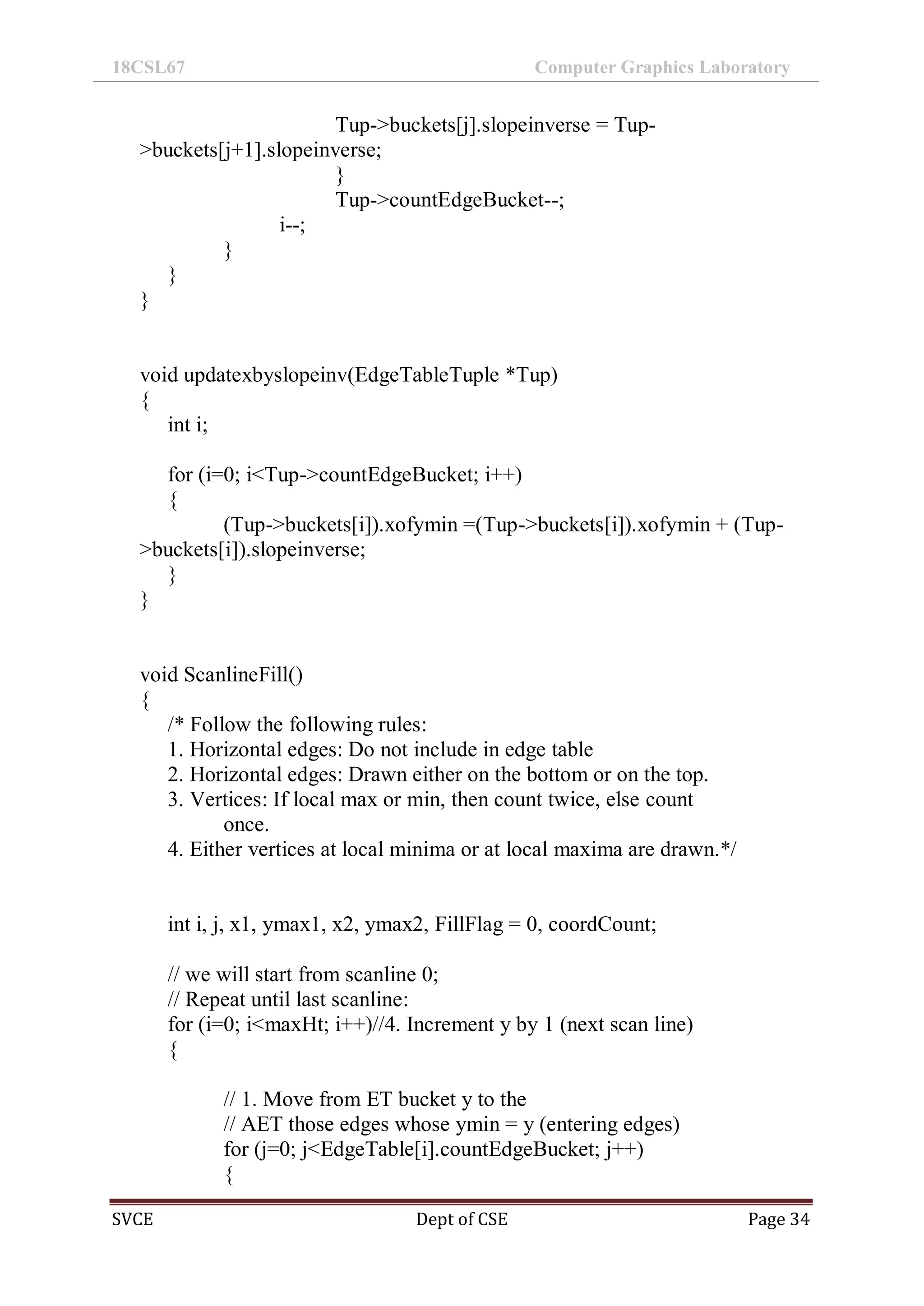 18CSL67 Computer Graphics Laboratory
SVCE Dept of CSE Page 34
Tup->buckets[j].slopeinverse = Tup-
>buckets[j+1].slopeinverse;
}
Tup->countEdgeBucket--;
i--;
}
}
}
void updatexbyslopeinv(EdgeTableTuple *Tup)
{
int i;
for (i=0; i<Tup->countEdgeBucket; i++)
{
(Tup->buckets[i]).xofymin =(Tup->buckets[i]).xofymin + (Tup-
>buckets[i]).slopeinverse;
}
}
void ScanlineFill()
{
/* Follow the following rules:
1. Horizontal edges: Do not include in edge table
2. Horizontal edges: Drawn either on the bottom or on the top.
3. Vertices: If local max or min, then count twice, else count
once.
4. Either vertices at local minima or at local maxima are drawn.*/
int i, j, x1, ymax1, x2, ymax2, FillFlag = 0, coordCount;
// we will start from scanline 0;
// Repeat until last scanline:
for (i=0; i<maxHt; i++)//4. Increment y by 1 (next scan line)
{
// 1. Move from ET bucket y to the
// AET those edges whose ymin = y (entering edges)
for (j=0; j<EdgeTable[i].countEdgeBucket; j++)
{
 