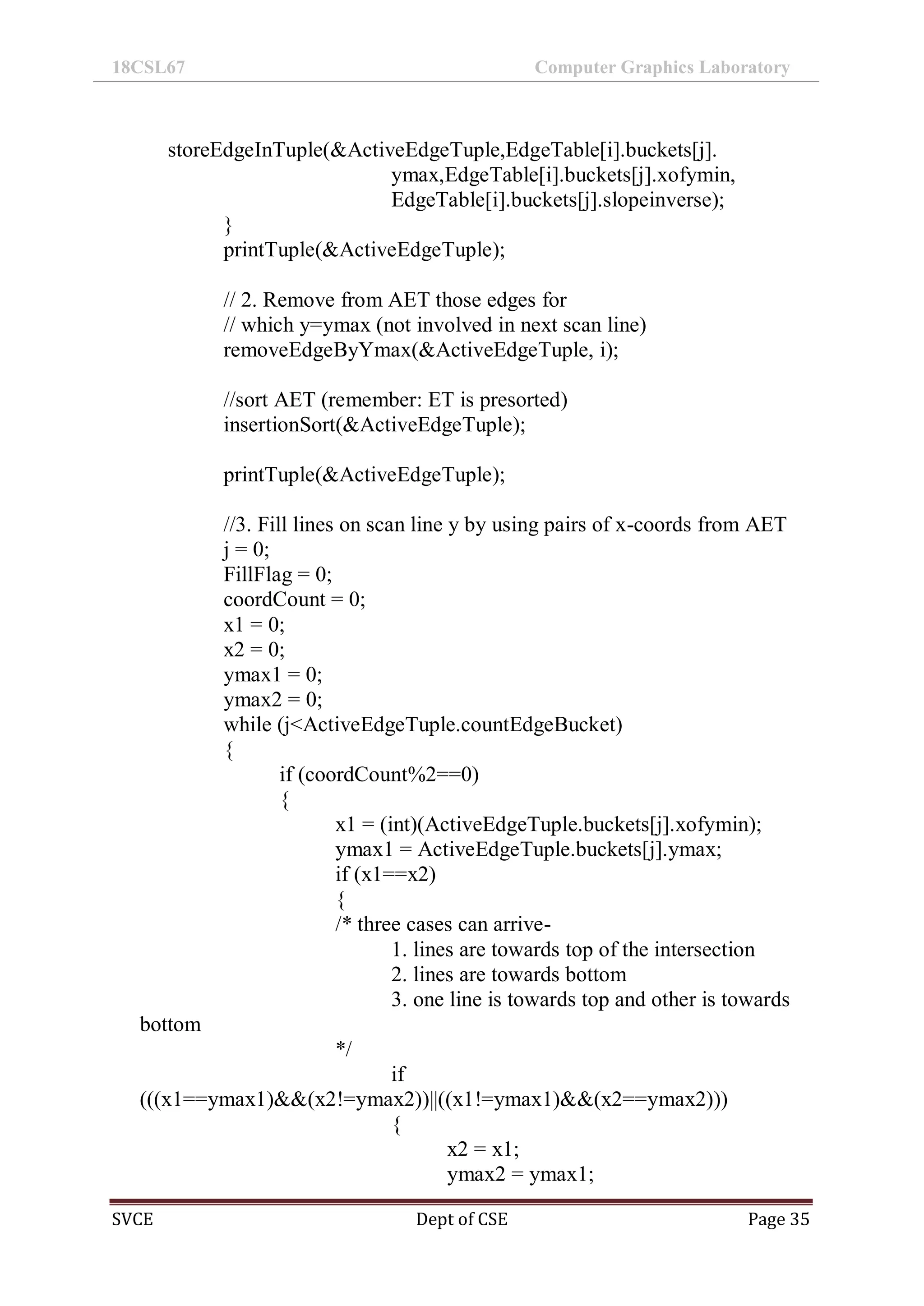 18CSL67 Computer Graphics Laboratory
SVCE Dept of CSE Page 35
storeEdgeInTuple(&ActiveEdgeTuple,EdgeTable[i].buckets[j].
ymax,EdgeTable[i].buckets[j].xofymin,
EdgeTable[i].buckets[j].slopeinverse);
}
printTuple(&ActiveEdgeTuple);
// 2. Remove from AET those edges for
// which y=ymax (not involved in next scan line)
removeEdgeByYmax(&ActiveEdgeTuple, i);
//sort AET (remember: ET is presorted)
insertionSort(&ActiveEdgeTuple);
printTuple(&ActiveEdgeTuple);
//3. Fill lines on scan line y by using pairs of x-coords from AET
j = 0;
FillFlag = 0;
coordCount = 0;
x1 = 0;
x2 = 0;
ymax1 = 0;
ymax2 = 0;
while (j<ActiveEdgeTuple.countEdgeBucket)
{
if (coordCount%2==0)
{
x1 = (int)(ActiveEdgeTuple.buckets[j].xofymin);
ymax1 = ActiveEdgeTuple.buckets[j].ymax;
if (x1==x2)
{
/* three cases can arrive-
1. lines are towards top of the intersection
2. lines are towards bottom
3. one line is towards top and other is towards
bottom
*/
if
(((x1==ymax1)&&(x2!=ymax2))||((x1!=ymax1)&&(x2==ymax2)))
{
x2 = x1;
ymax2 = ymax1;
 