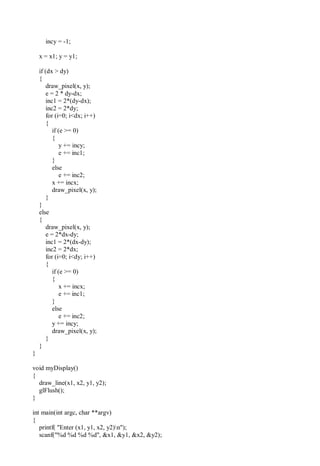 incy = -1;
x = x1; y = y1;
if (dx > dy)
{
draw_pixel(x, y);
e = 2 * dy-dx;
inc1 = 2*(dy-dx);
inc2 = 2*dy;
for (i=0; i<dx; i++)
{
if (e >= 0)
{
y += incy;
e += inc1;
}
else
e += inc2;
x += incx;
draw_pixel(x, y);
}
}
else
{
draw_pixel(x, y);
e = 2*dx-dy;
inc1 = 2*(dx-dy);
inc2 = 2*dx;
for (i=0; i<dy; i++)
{
if (e >= 0)
{
x += incx;
e += inc1;
}
else
e += inc2;
y += incy;
draw_pixel(x, y);
}
}
}
void myDisplay()
{
draw_line(x1, x2, y1, y2);
glFlush();
}
int main(int argc, char **argv)
{
printf( "Enter (x1, y1, x2, y2)n");
scanf("%d %d %d %d", &x1, &y1, &x2, &y2);
 