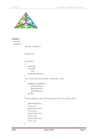 18CSL67 Computer Graphics Laboratory
SVCE Dept of CSE Page 4
Variant 2:
#include
<windows.h>
#include <GL/glut.h>
GLfloat d=0;
void spin()
{
d=d+0.005;
if(d>360)
d=0;
glutPostRedisplay();
}
void tri(GLfloat a[3],GLfloat b[3],GLfloat c[3])
{
glBegin(GL_TRIANGLES);
glVertex3fv(a);
glVertex3fv(b);
glVertex3fv(c);
glEnd();
}
void tetra(GLfloat a[3],GLfloat b[3],GLfloat c[3],GLfloat d[3])
{
glColor3f(0,0,0);
tri(a,b,c);
glColor3f(1,0,0);
tri(a,b,d);
glColor3f(0,1,0);
tri(b,c,d);
glColor3f(0,0,1);
tri(a,c,d);
}
 