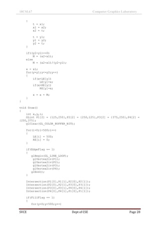 18CSL67 Computer Graphics Laboratory
SVCE Dept of CSE Page 28
{
t = x1;
x1 = x2;
x2 = t;
t = y1;
y1 = y2;
y2 = t;
}
if((y2-y1)==0)
M = (x2-x1);
else
M = (x2-x1)/(y2-y1);
x = x1;
for(y=y1;y<=y2;y++)
{
if(x<LE[y])
LE[y]=x;
if(x>RE[y])
RE[y]=x;
x = x + M;
}
}
void Draw()
{
int x,y,i;
GLint P1[2] = {125,250},P2[2] = {250,125},P3[2] = {375,250},P4[2] =
{250,375};
glClear(GL_COLOR_BUFFER_BIT);
for(i=0;i<500;i++)
{
LE[i] = 500;
RE[i] = 0;
}
if(EdgeFlag == 1)
{
glBegin(GL_LINE_LOOP);
glVertex2iv(P1);
glVertex2iv(P2);
glVertex2iv(P3);
glVertex2iv(P4);
glEnd();
}
Intersection(P1[0],P1[1],P2[0],P2[1]);
Intersection(P2[0],P2[1],P3[0],P3[1]);
Intersection(P3[0],P3[1],P4[0],P4[1]);
Intersection(P4[0],P4[1],P1[0],P1[1]);
if(FillFlag == 1)
{
for(y=0;y<500;y++)
 