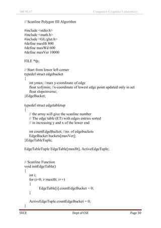 18CSL67 Computer Graphics Laboratory
SVCE Dept of CSE Page 30
// Scanline Polygon fill Algorithm
#include <stdio.h>
#include <math.h>
#include <GL/glut.h>
#define maxHt 800
#define maxWd 600
#define maxVer 10000
FILE *fp;
// Start from lower left corner
typedef struct edgebucket
{
int ymax; //max y-coordinate of edge
float xofymin; //x-coordinate of lowest edge point updated only in aet
float slopeinverse;
}EdgeBucket;
typedef struct edgetabletup
{
// the array will give the scanline number
// The edge table (ET) with edges entries sorted
// in increasing y and x of the lower end
int countEdgeBucket; //no. of edgebuckets
EdgeBucket buckets[maxVer];
}EdgeTableTuple;
EdgeTableTuple EdgeTable[maxHt], ActiveEdgeTuple;
// Scanline Function
void initEdgeTable()
{
int i;
for (i=0; i<maxHt; i++)
{
EdgeTable[i].countEdgeBucket = 0;
}
ActiveEdgeTuple.countEdgeBucket = 0;
}
 