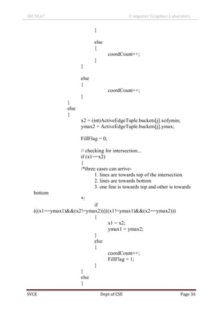 18CSL67 Computer Graphics Laboratory
SVCE Dept of CSE Page 36
}
else
{
coordCount++;
}
}
else
{
coordCount++;
}
}
else
{
x2 = (int)ActiveEdgeTuple.buckets[j].xofymin;
ymax2 = ActiveEdgeTuple.buckets[j].ymax;
FillFlag = 0;
// checking for intersection...
if (x1==x2)
{
/*three cases can arrive-
1. lines are towards top of the intersection
2. lines are towards bottom
3. one line is towards top and other is towards
bottom
*/
if
(((x1==ymax1)&&(x2!=ymax2))||((x1!=ymax1)&&(x2==ymax2)))
{
x1 = x2;
ymax1 = ymax2;
}
else
{
coordCount++;
FillFlag = 1;
}
}
else
{
 