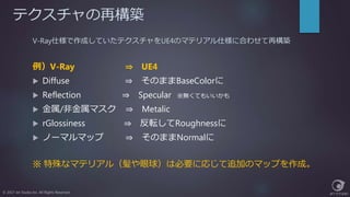 テクスチャの再構築
© 2017 Jet Studio Inc. All Rights Reserved.
V-Ray仕様で作成していたテクスチャをUE4のマテリアル仕様に合わせて再構築
例）V-Ray ⇒ UE4
 Diffuse ⇒ そのままBaseColorに
 Reflection ⇒ Specular ※無くてもいいかも
 金属/非金属マスク ⇒ Metalic
 rGlossiness ⇒ 反転してRoughnessに
 ノーマルマップ ⇒ そのままNormalに
※ 特殊なマテリアル（髪や眼球）は必要に応じて追加のマップを作成。
 