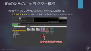 UE4のためのキャラクター構成
© 2017 Jet Studio Inc. All Rights Reserved.
Bipedベースのリグからスケルタルメッシュに変換する。
スケルタルメッシュ：ボーンでスキニングされたメッシュ＋モーファー
 