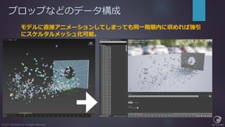 モデルに直接アニメーションしてしまっても同一階層内に収めれば強引
にスケルタルメッシュ化可能。
プロップなどのデータ構成
© 2017 Jet Studio Inc. All Rights Reserved.
 