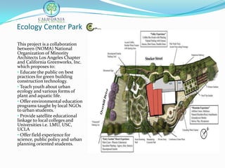 Ecology Center Park

This project is a collaboration
between (NOMA) National
Organization of Minority
Architects Los Angeles Chapter
and California Greenworks, Inc.
which proposes to:
• Educate the public on best
practices for green building
construction technology.
• Teach youth about urban
ecology and various forms of
plant and aquatic life.
• Offer environmental education
programs taught by local NGOs
to urban students.
• Provide satellite educational
linkage to local colleges and
Universities i.e. LMU, USC,
UCLA
• Offer field experience for
science, public policy and urban
planning oriented students.
 