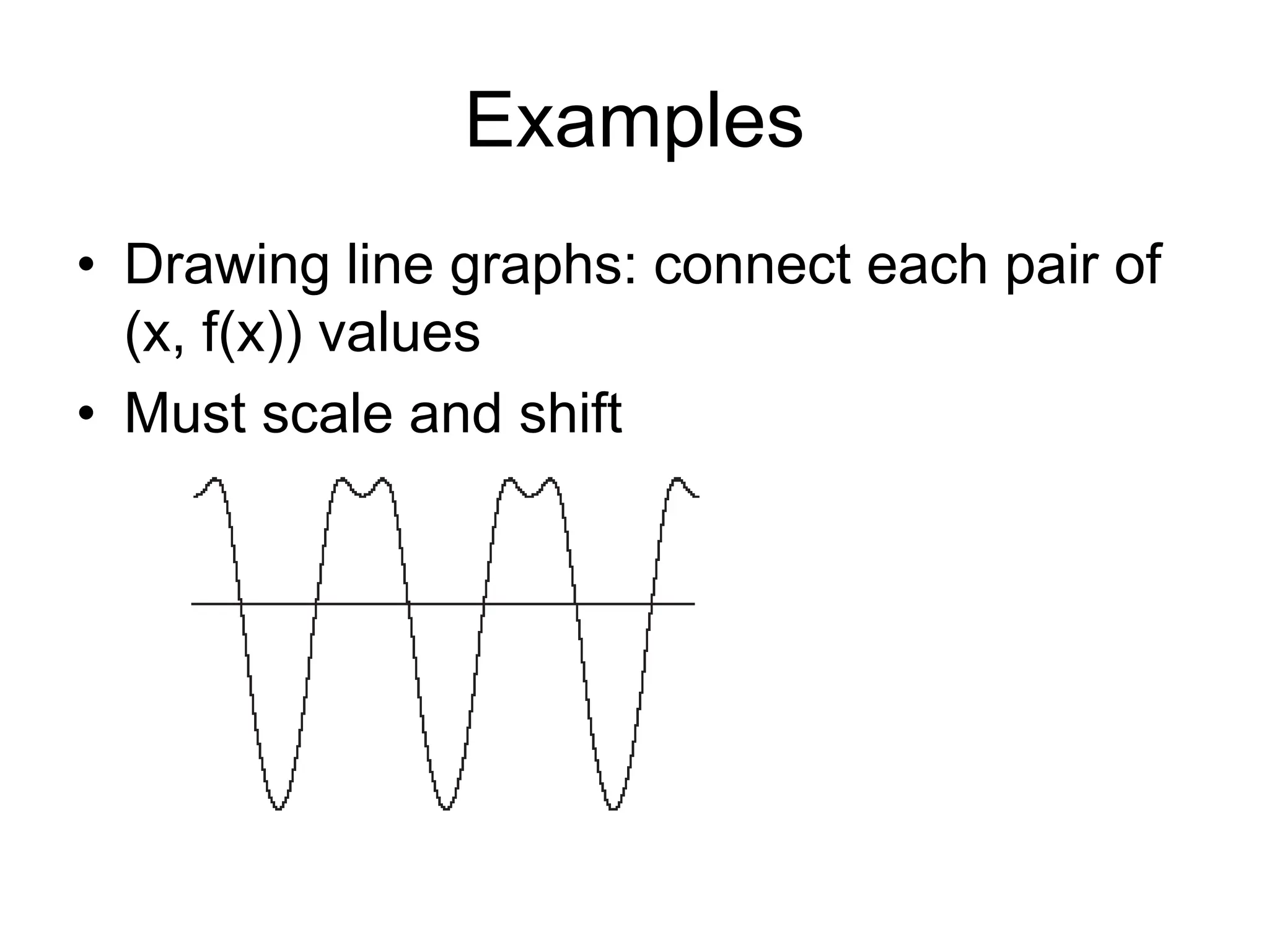 Examples
• Drawing line graphs: connect each pair of
(x, f(x)) values
• Must scale and shift
 