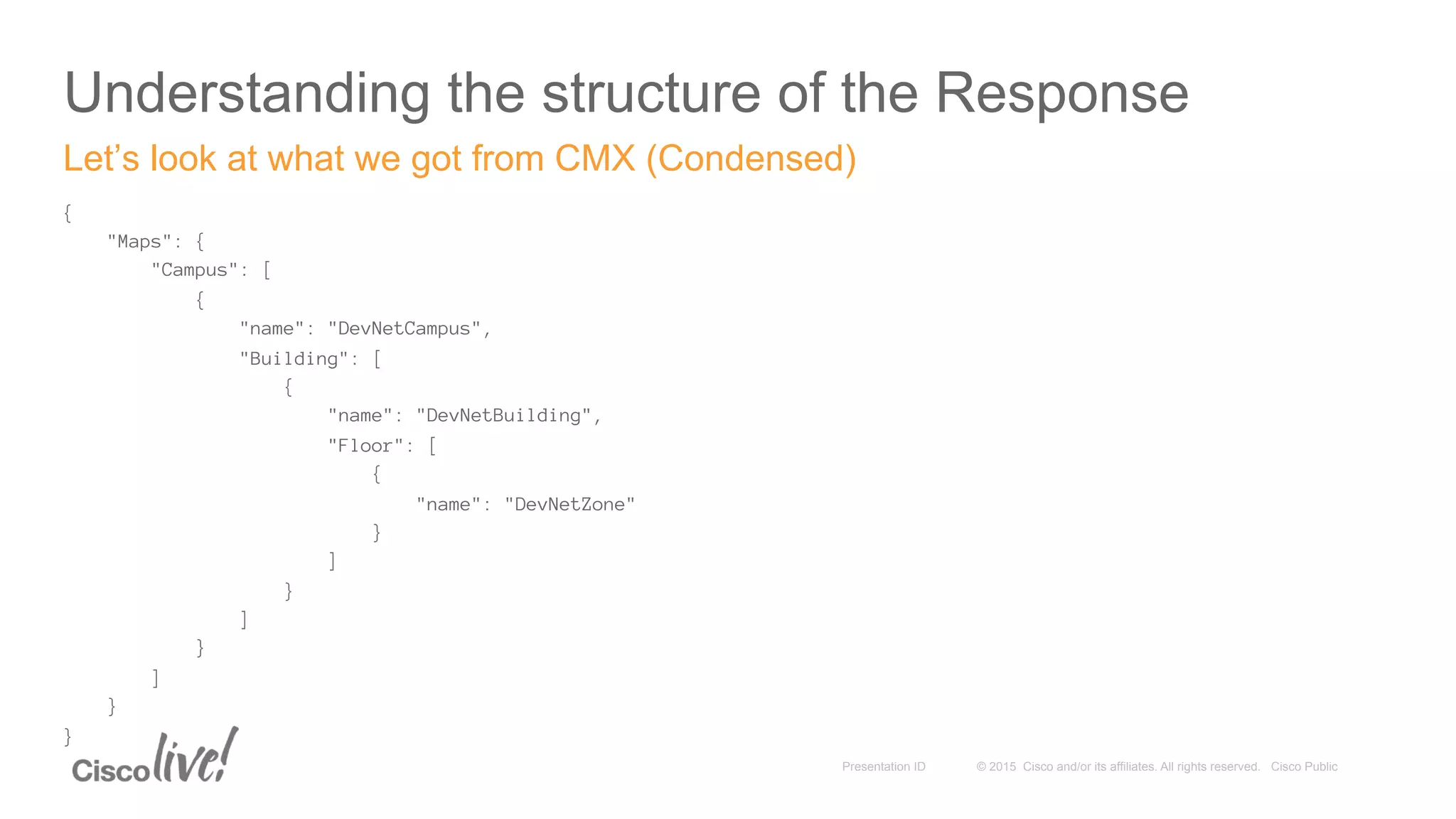 © 2015 Cisco and/or its affiliates. All rights reserved. Cisco PublicPresentation ID
Understanding the structure of the Response
{
"Maps": {
"Campus": [
{
"name": "DevNetCampus",
"Building": [
{
"name": "DevNetBuilding",
"Floor": [
{
"name": "DevNetZone"
}
]
}
]
}
]
}
}
Let’s look at what we got from CMX (Condensed)
 