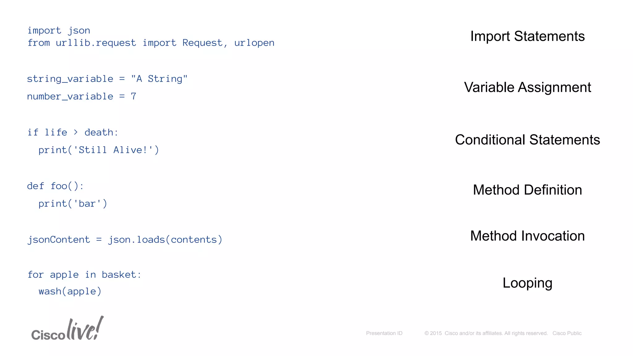 © 2015 Cisco and/or its affiliates. All rights reserved. Cisco PublicPresentation ID
import json
from urllib.request import Request, urlopen
string_variable = "A String"
number_variable = 7
if life > death:
print('Still Alive!')
def foo():
print('bar')
jsonContent = json.loads(contents)
for apple in basket:
wash(apple)
Import Statements
Variable Assignment
Method Invocation
Looping
Conditional Statements
Method Definition
 
