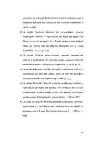 excepción de la Escala Involucramiento Laboral, notándose que la 
correlación positivas más elevada es con la escala Autorrelación (r 
149 
= 0.59 p<.001). 
b) La escala Beneficios laborales y/o remunerativos, presenta 
correlaciones positivas y significativas con todas las escalas del 
Clima Laboral con excepción de la Escala Involucramiento Laboral, 
siendo los valores más elevados los alcanzados con la escala 
Supervisión ( r = 0.37 p<. 01). 
c) La escala Políticas Administrativas, presenta correlaciones 
positivas y significativas con todas las escalas, siendo el valor más 
elevado el alcanzado con la escala Supervisión (r = 0.56 p<.001). 
d) La escala Relaciones sociales, presenta correlaciones positivas y 
significativas con todas las escalas, siendo el valor más elevado el 
alcanzado con la Escala Supervisión( r = 0.65 p<.001). 
e) La escala Desarrollo Personal, presenta correlaciones positivas y 
significativas con todas las escalas, con excepción de la escala 
involucramiento Laboral siendo el valor más elevado el alcanzado 
con las escalas Autorrealización y Supervisión ( r = 0.53 p<.001). 
f) La escala Desempeño de tareas, presenta correlaciones positivas y 
significativas con todas las escalas, siendo el valor más elevado el 
alcanzado con la Escala Condiciones Laborales ( r = 0.58 p < . 
001). 
 