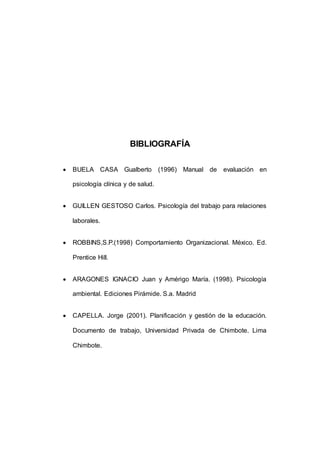 160 
BIBLIOGRAFÍA 
 BUELA CASA Gualberto (1996) Manual de evaluación en 
psicología clínica y de salud. 
 GUILLEN GESTOSO Carlos. Psicología del trabajo para relaciones 
laborales. 
 ROBBINS,S.P.(1998) Comportamiento Organizacional. México. Ed. 
Prentice Hill. 
 ARAGONES IGNACIO Juan y Amérigo María. (1998). Psicología 
ambiental. Ediciones Pirámide. S.a. Madrid 
 CAPELLA. Jorge (2001). Planificación y gestión de la educación. 
Documento de trabajo, Universidad Privada de Chimbote. Lima 
Chimbote. 
 