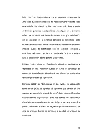 Peña (1987) en “Satisfacción laboral en empresas comerciales de 
Lima” dice: En nuestro medio se ha hablado mucho y escrito poco 
sobre satisfacción laboral, debido a que resulta difícil llevar a efecto 
en términos generales investigaciones en cualquier área. El mismo 
señala que no existe relación en la variable edad y la satisfacción 
con los aspectos de la empresa comercial en referencia. Tanto 
personas casada como soltera, separadas o divorciadas presentan 
similares niveles de satisfacción con los aspectos generales y 
específicos del trabajo, por tanto no existe relación entre el estado 
53 
civil y la satisfacción laboral general y específica. 
Chirinos (1991) afirma en “Satisfacción aboral en funcionarios y 
empleados de una institución pública de Lima” el porcentaje de 
factores de la satisfacción laboral en la que difieren los funcionarios 
de los empleados no es significativa. 
Rodríguez (2002) en “Diferencias en los niveles de satisfacción 
laboral en un grupo de agentes de vigilancia que laboran en una 
empresa privada de la ciudad de Lima” dice: existen diferencias 
estadísticamente significativas entre los niveles de satisfacción 
laboral de un grupo de agentes de vigilancia de sexo masculino 
que laboran en una empresa de seguridad privada de la ciudad de 
Lima en función a tiempo de servicio y a su edad en función a su 
estado civil. 
 