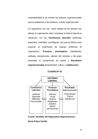 responsabilidad la de orientar los esfuerzo organizacionales 
78 
para la adaptación a los cambios y el éxito organizacional. 
Un diagnóstico con una visión integral de los factores que 
afectan la organización debe considerar el entorno laboral en 
interacción con las Condiciones laborales (ambiente, 
seguridad, materiales, psicológicas, etc) que se ofrecen para 
propiciar el rendimiento de quienes conforman la 
organización. Procesos psicológicos (habilidades, 
actitudes, percepciones, valores) del individuo y del grupo 
inherentes al cumplimiento de tareas y Resultados 
organizacionales (productividad, cultura y satisfacción). 
CUADRO Nº 03 
Fuente: Variables del Diagnóstico Organizacional – 
Sonia Palma Carrillo 
ENTORNO 
LABORAL 
Condiciones 
Laborales 
Ambiente 
Seguridad 
Materiales 
Psicosociales 
Procesos 
Psicológicos 
Individuo 
Grupo 
Sistema 
(Habilidades, 
actitudes, 
valores, 
percepciones) 
Resultados 
Organizacionales 
Productividad 
Cultura 
Satisfacción 
 