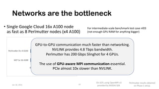 Networks are the bottleneck
• Single Google Cloud 16x A100 node
as fast as 8 Perlmutter nodes (x4 A100)
Jan 18, 2022 14
32 A100 GPUs on Perlmutter (Phase 1)
16 A100 GPUs on Google Cloud (GCP)
For intermediate-scale benchmark test case nl03
(not enough GPU RAM for anything bigger)
Perlmutter results obtained
on Phase 1 setup.
GPU-to-GPU communication much faster than networking.
NVLINK provides 4.8 Tbps bandwidth.
Perlmutter has 200 Gbps Slinghot for 4 GPUs.
The use of GPU-aware MPI communication essential.
PCIe almost 10x slower than NVLINK.
On GCP, using OpenMPI v3
provided by NVIDIA SDK
 